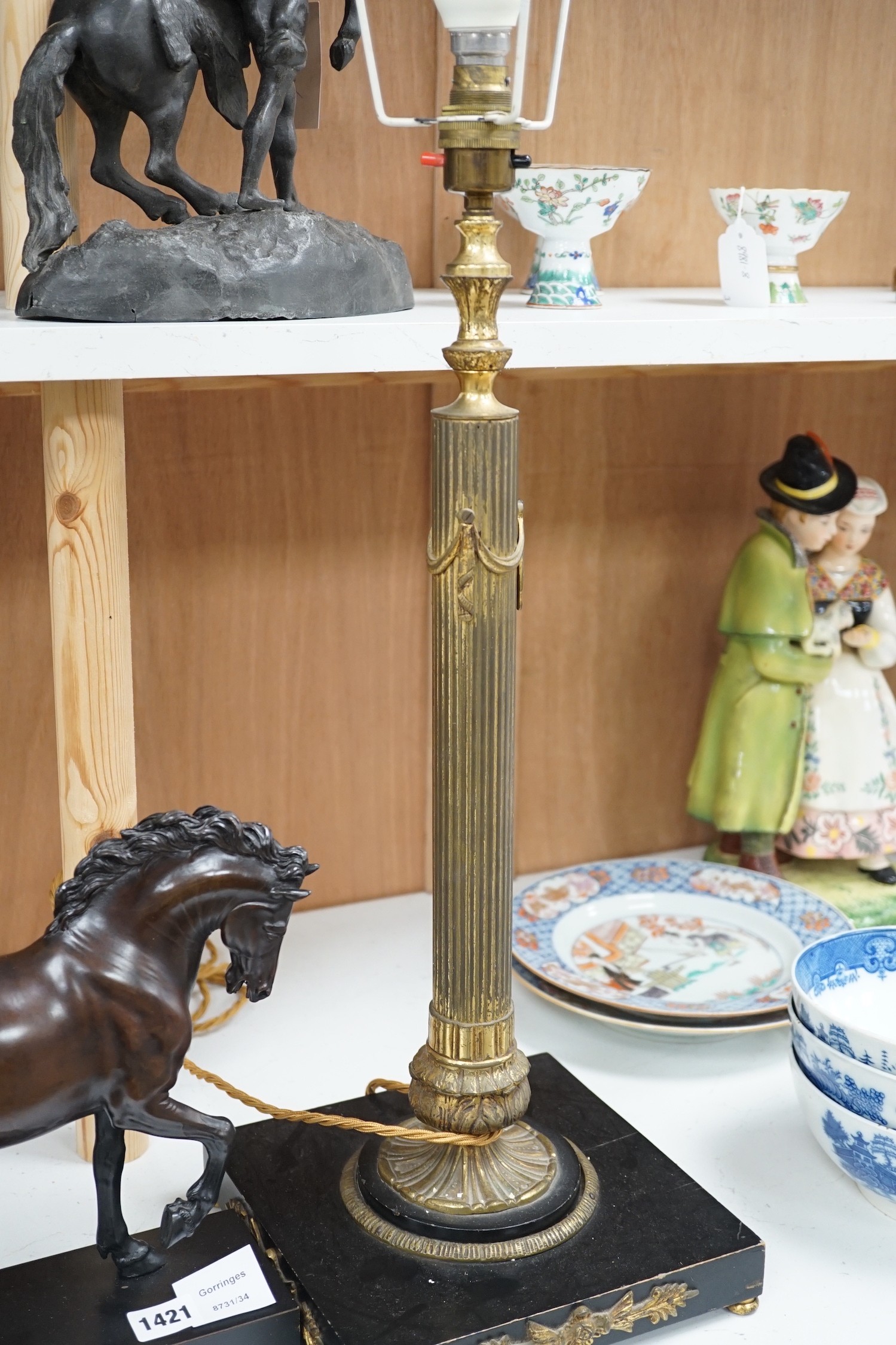 A reproduction bronzed figure of a horse, together with a column desk lamp, 53cm tall excl. light fighting